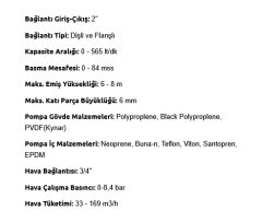Diyaframlı Pompa Dia DP -20  Polietilen ( PP-S )  0- 565 lt / dakika - 84 mSS - 2'' Çıkış